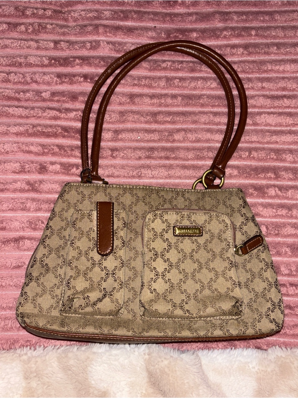 Rosetti Beige Patterned Shoulder Bag with Brown Trim